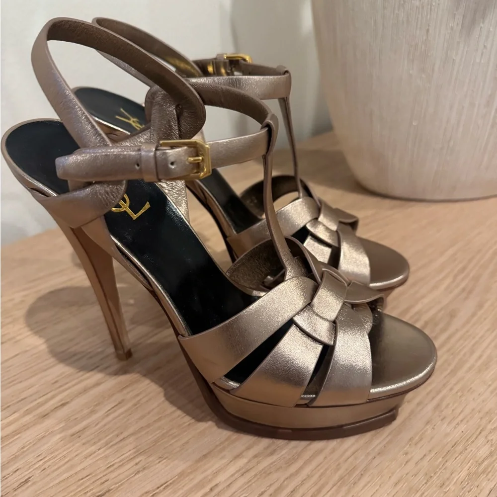 Saint Laurent Metallic Bronze Braided T-Strap Platform Sandals - Picture 16 of 16